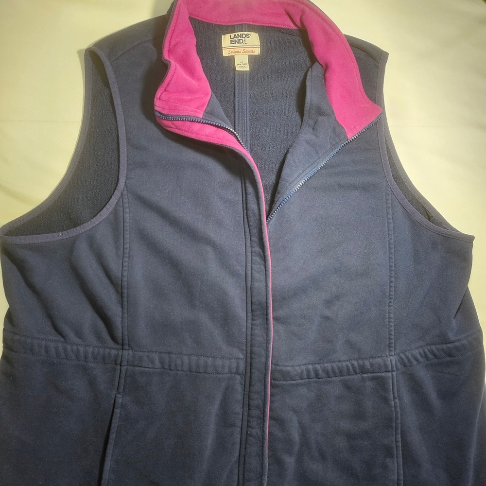 Lands End Serious Sweats Vest Womens 3X Navy Blue Pink Trim Full Zip Pockets